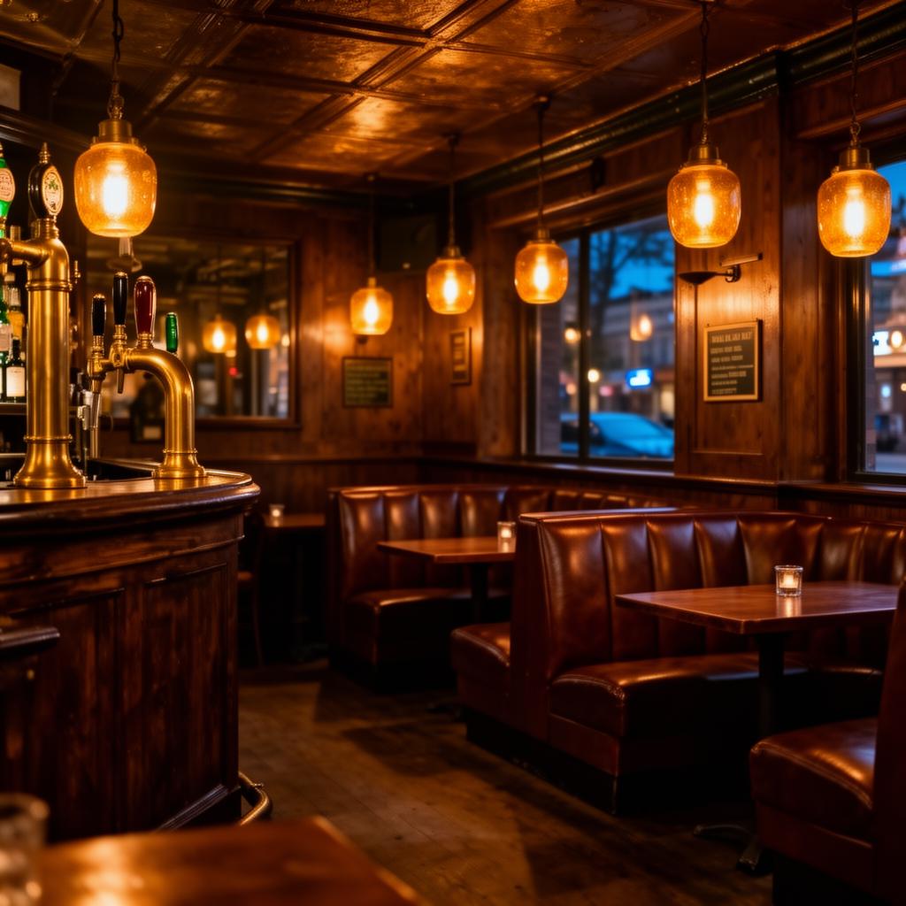 Warm interior of Dicey Reilly's Irish pub with brass taps and leather booths